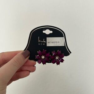 Nicole Miller Purple Flower Crystal Stud Earrings - Brand New